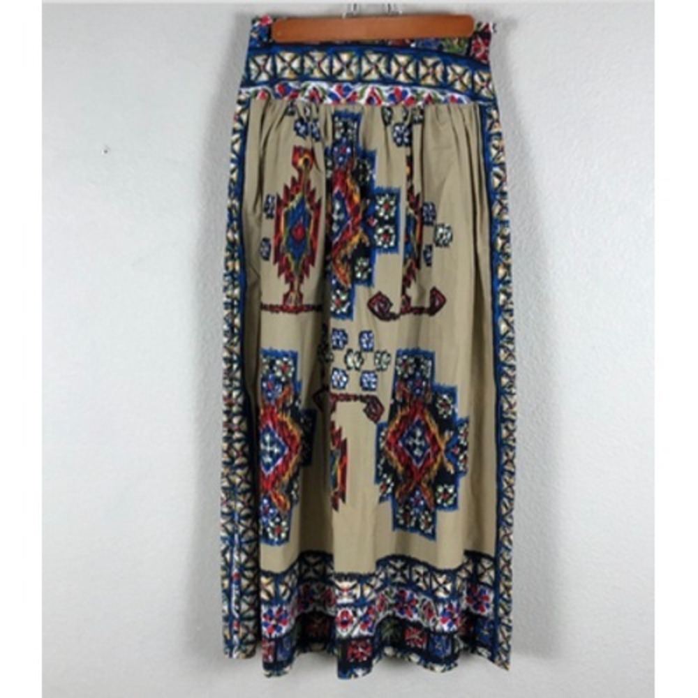 WDNY Boho Skirt Womens 4 Beige‎ Multicolor Ikat Maxi A Line Pleated Lined Tribal
